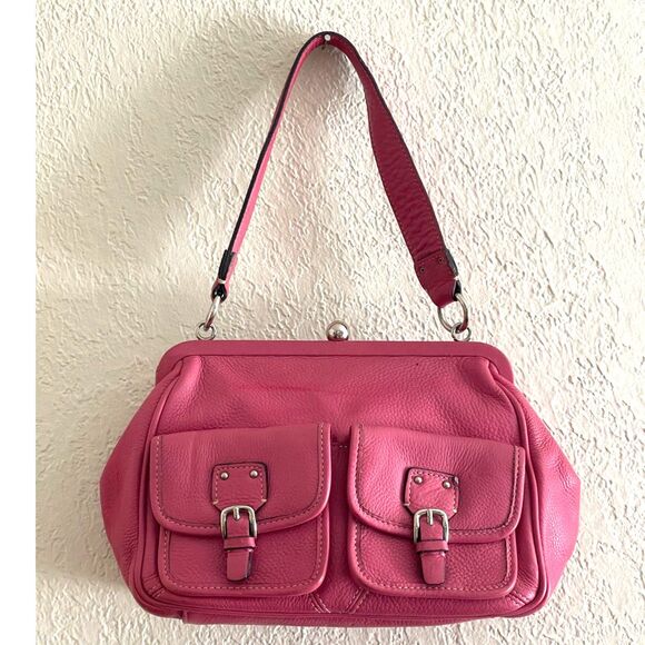 Fossil Genuine Leather Hot Pink Kiss Lock Buckle Pocket Shoulder Bag VINTAGE - Picture 1 of 11